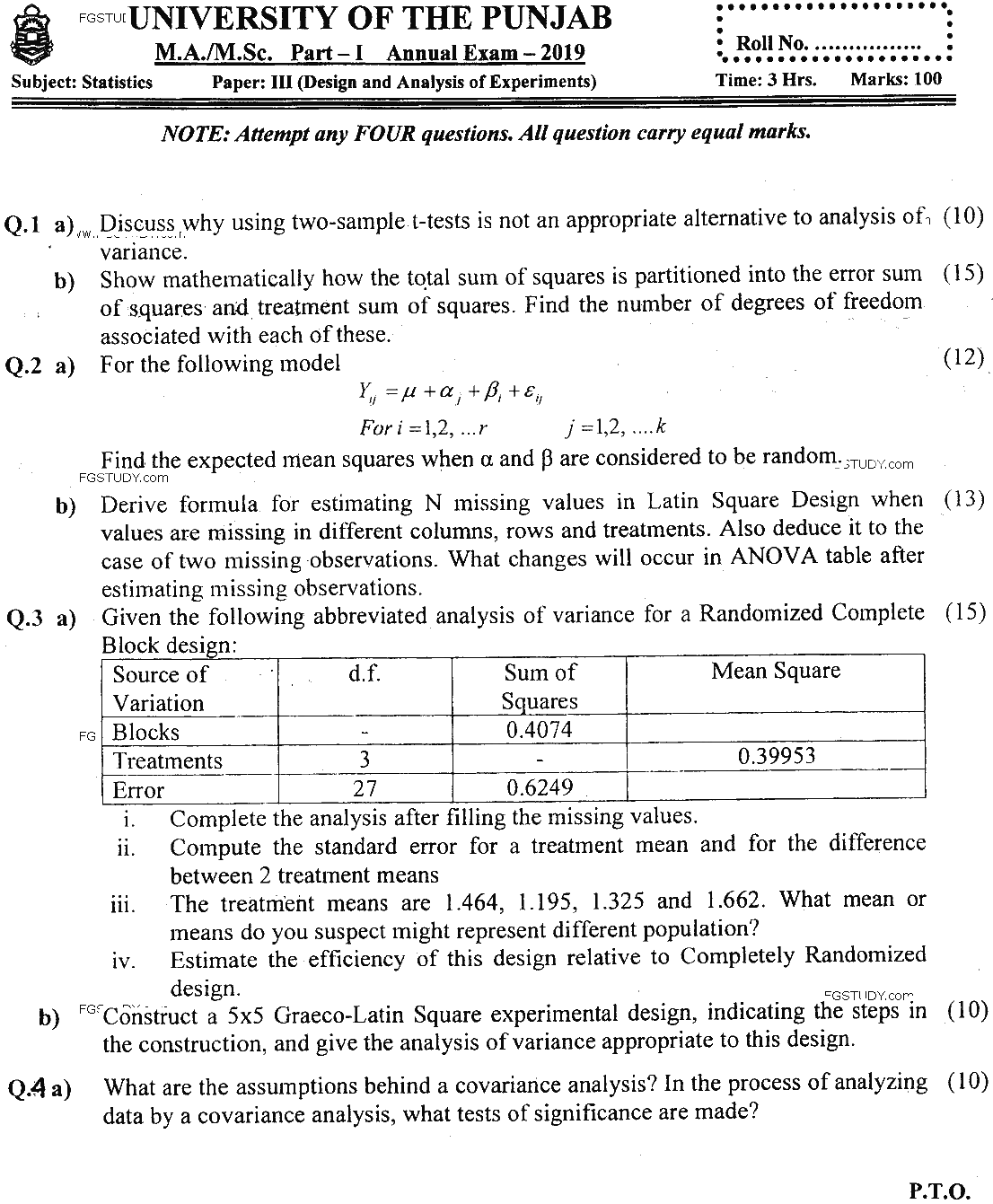 MSc Part 1 Statistics Design And Analysis Of Experiments Past Paper 2019 Punjab University Subjective