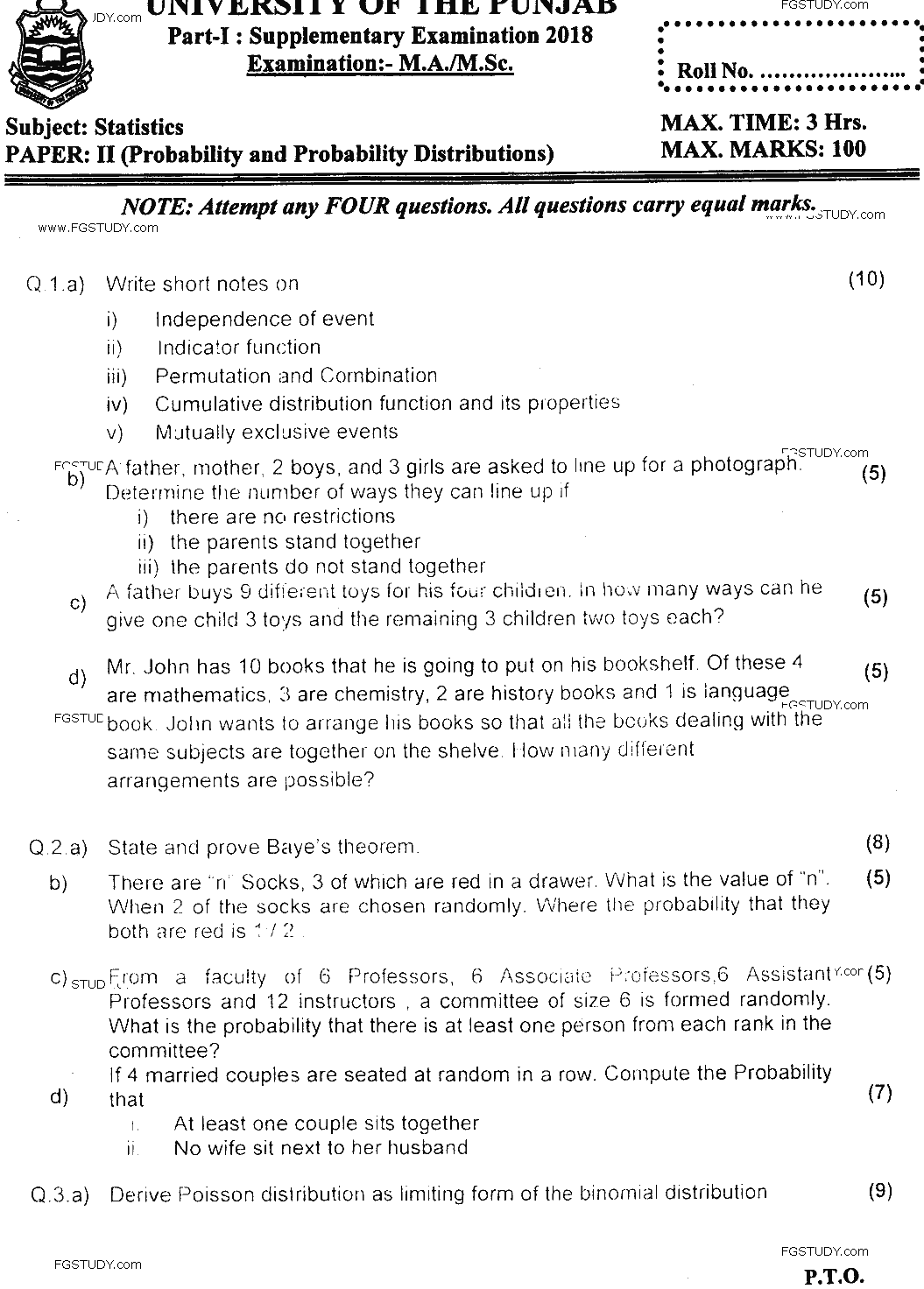 MSc Part 1 Statistics Probability And Probability Distributions Past Paper 2018 Punjab University Subjective