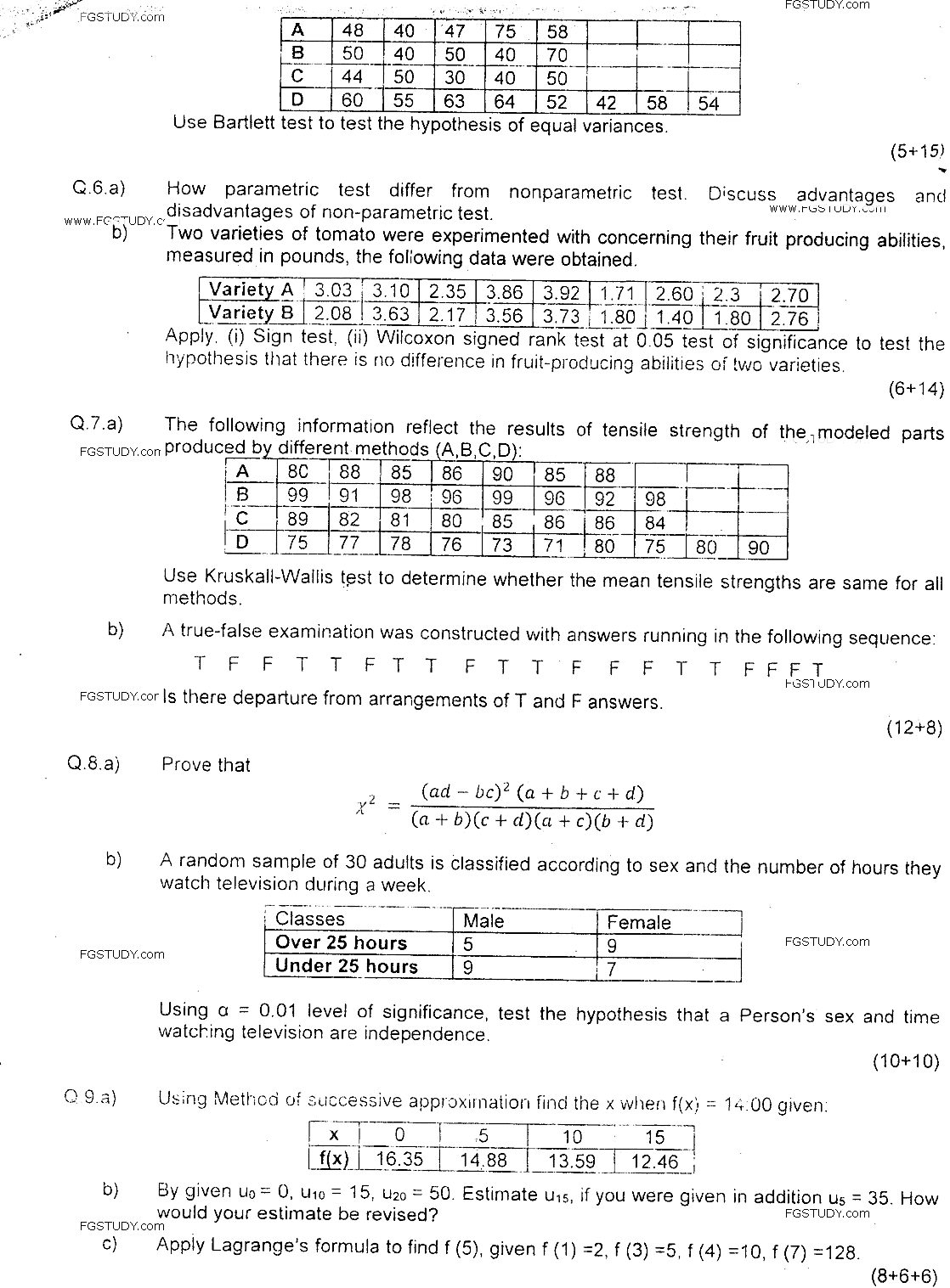 MSc Part 1 Statistics Statistical Methods Past Paper 2018 Punjab University Subjective
