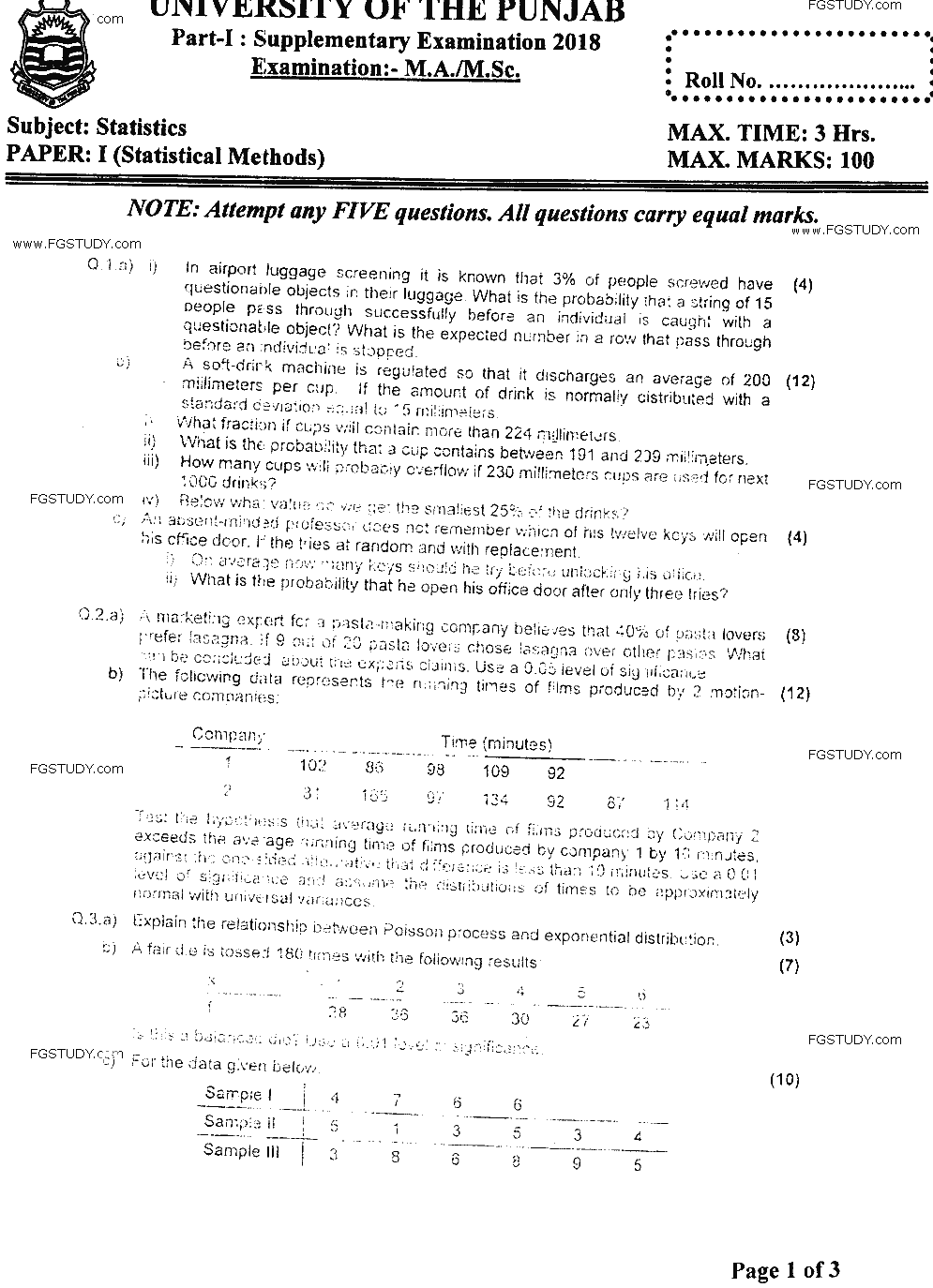 MSc Part 1 Statistics Statistical Methods Past Paper 2018 Punjab University Subjective