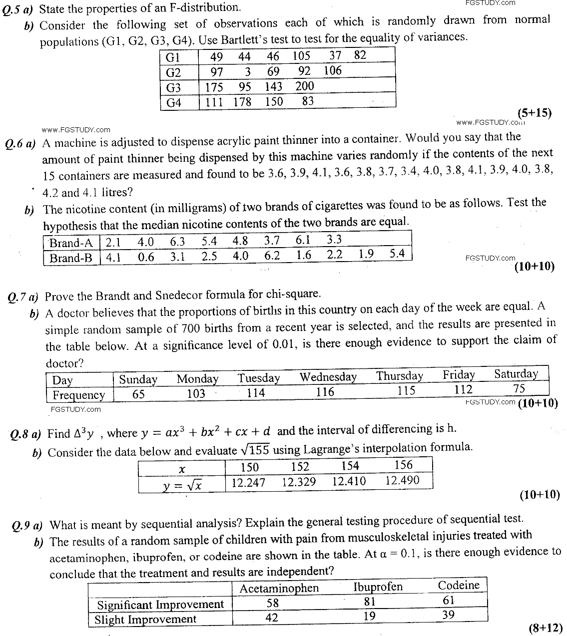MSc Part 1 Statistics Statistical Methods Past Paper 2019 Punjab University Subjective