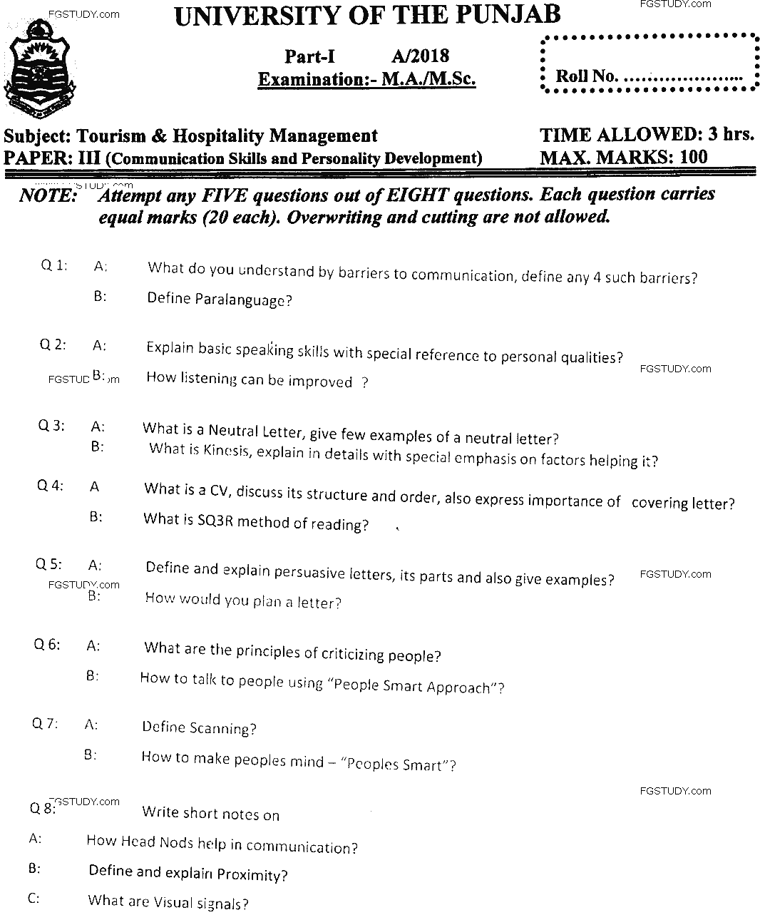 MSc Part 1 Tourism And Hospitality Management Communication Skilis And Personal Development Past Paper 2018 Punjab University Subjective