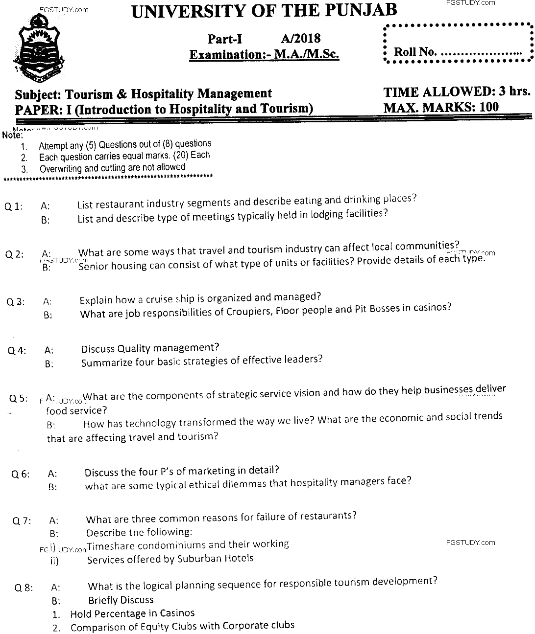 MSc Part 1 Tourism And Hospitality Management Introduction To Hospitality And Tourism Past Paper 2018 Punjab University Subjective