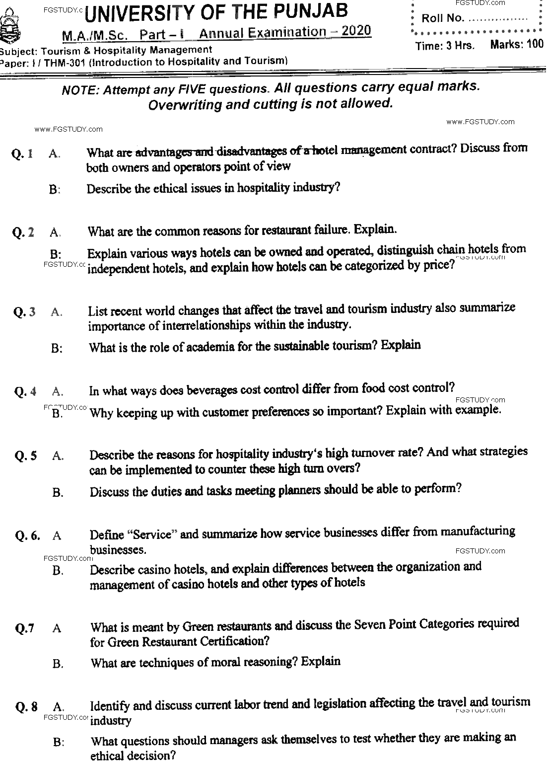 MSc Part 1 Tourism And Hospitality Management Introduction To Hospitality And Tourism Past Paper 2020 Punjab University Subjective