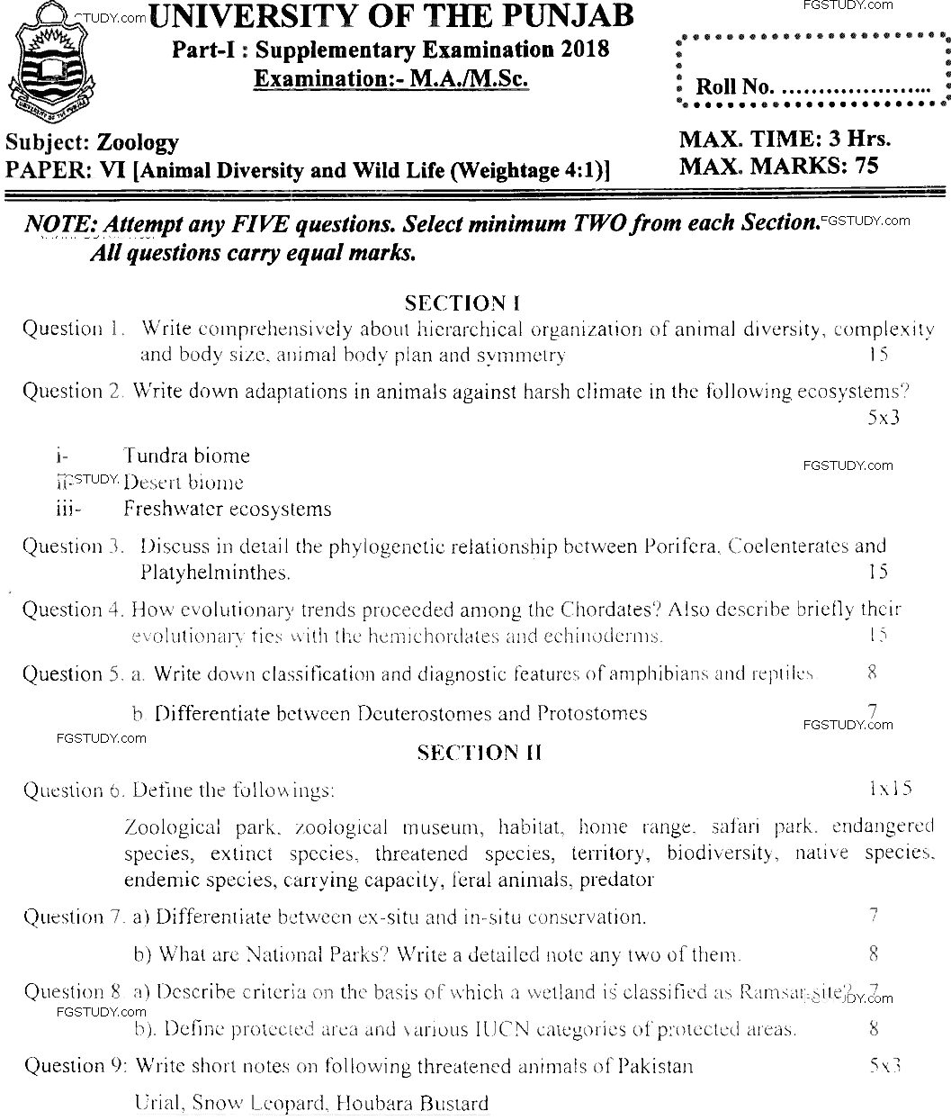 MSc Part 1 Zoology Animal Diversity And Wildlife Past Paper 2018 Punjab University Subjective