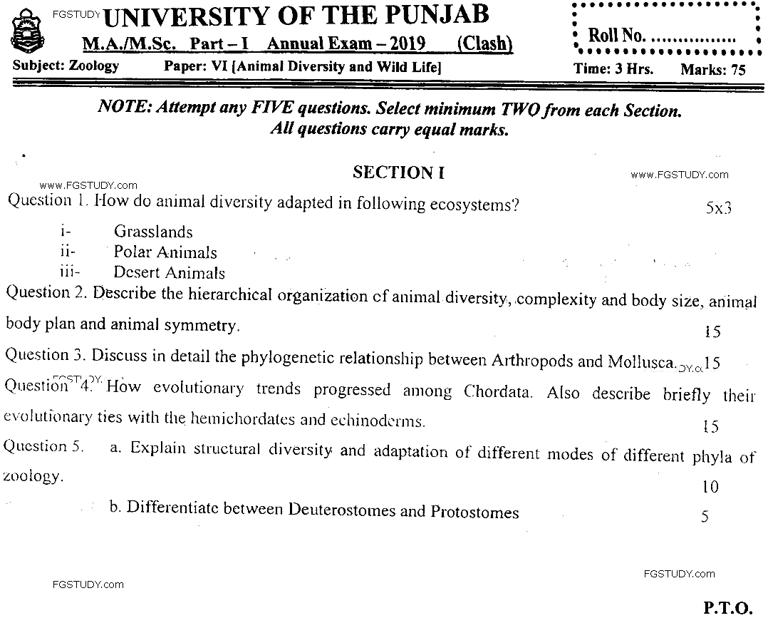 MSc Part 1 Zoology Animal Diversity And Wildlife Past Paper 2019 Punjab University Subjective