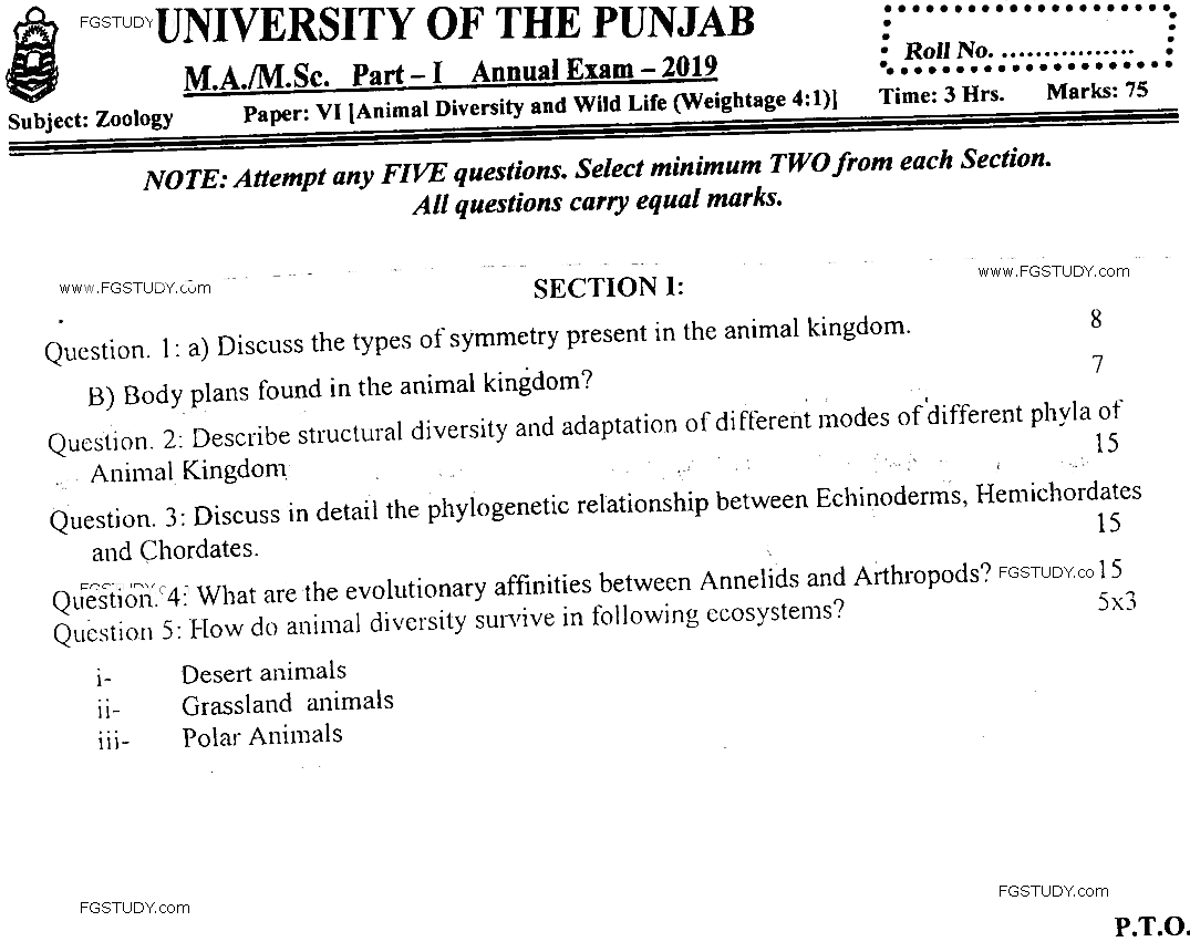 MSc Part 1 Zoology Animal Diversity And Wildlife Past Paper 2019 Punjab University Subjective