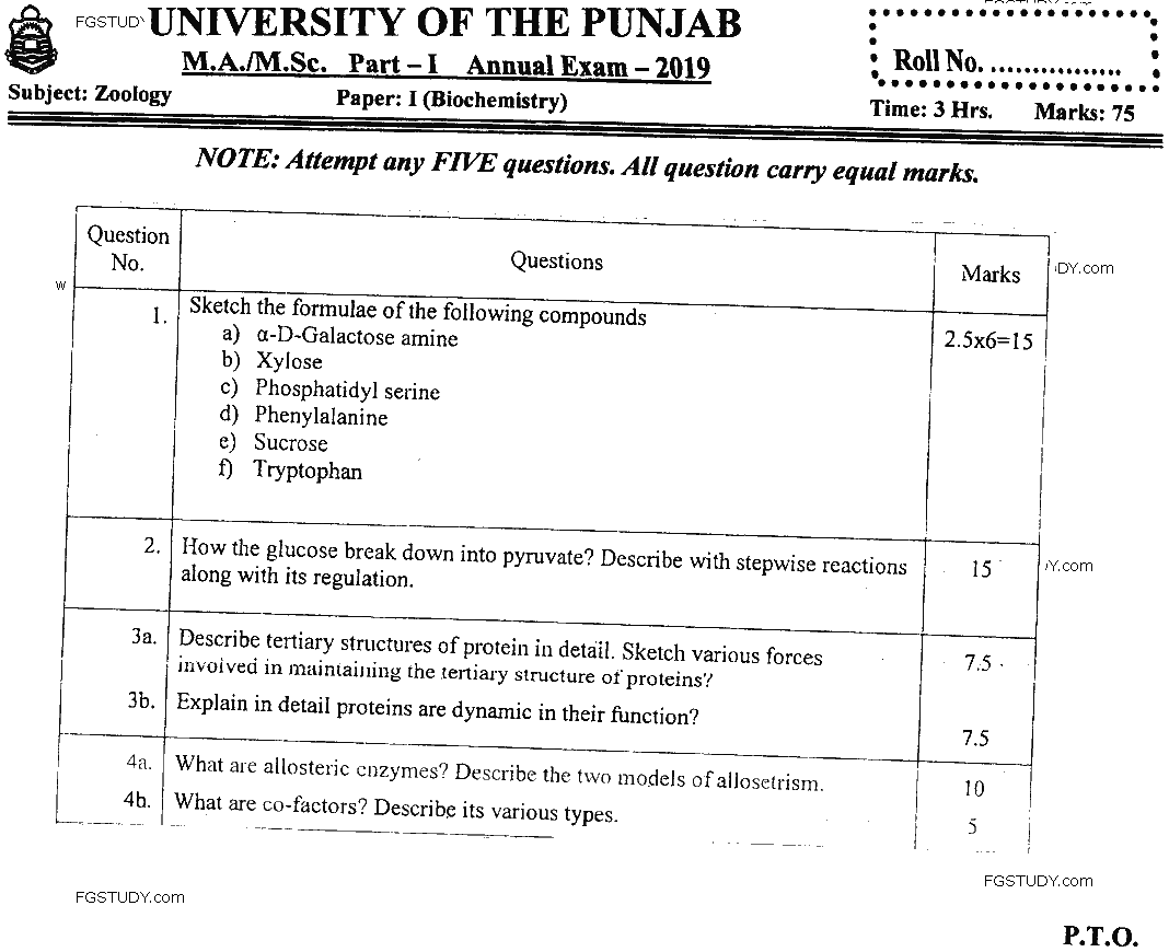 MSc Part 1 Zoology Biochemistry Past Paper 2019 Punjab University Subjective