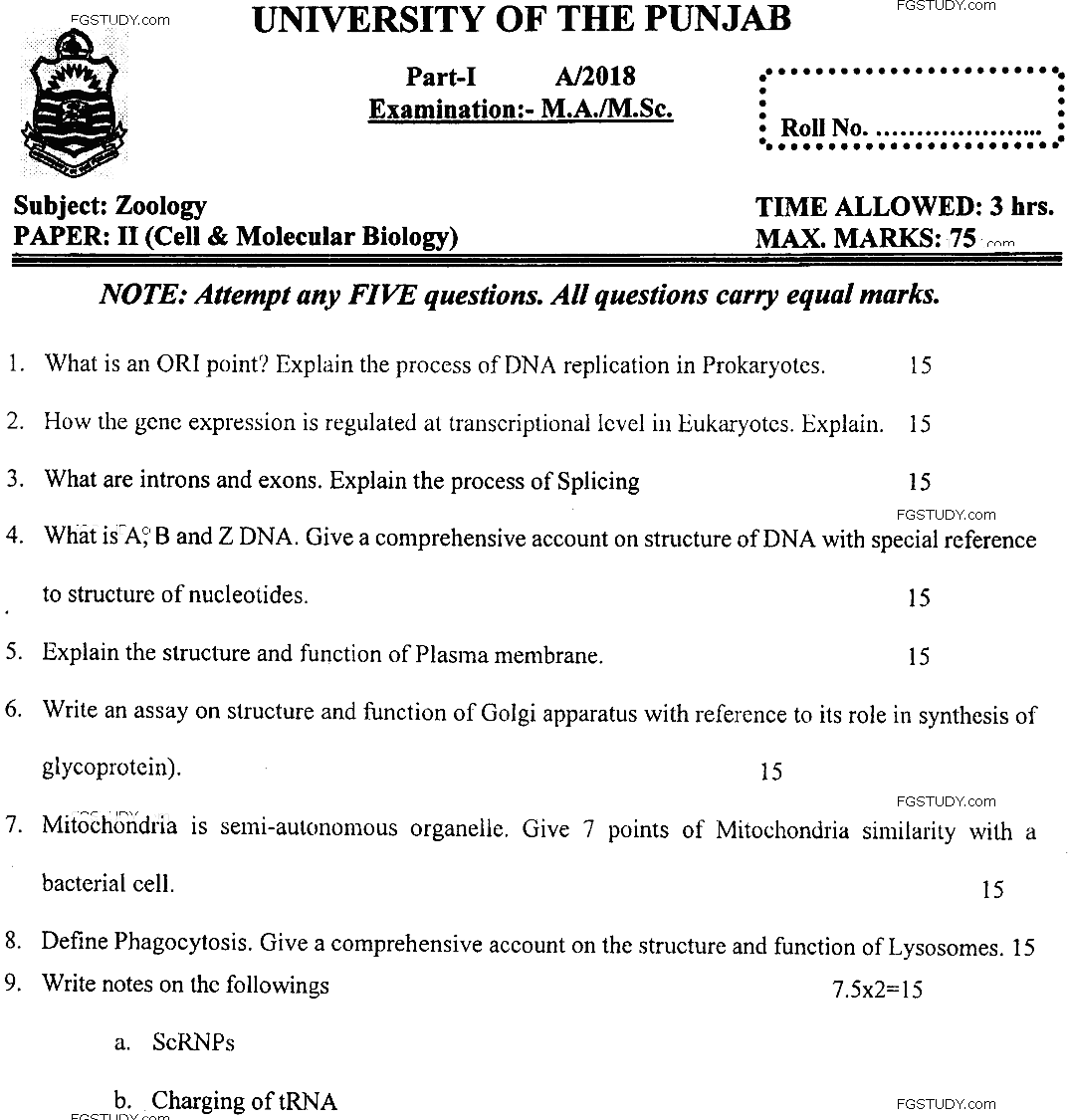 MSc Part 1 Zoology Cell And Molecular Biology Past Paper 2018 Punjab University Subjective