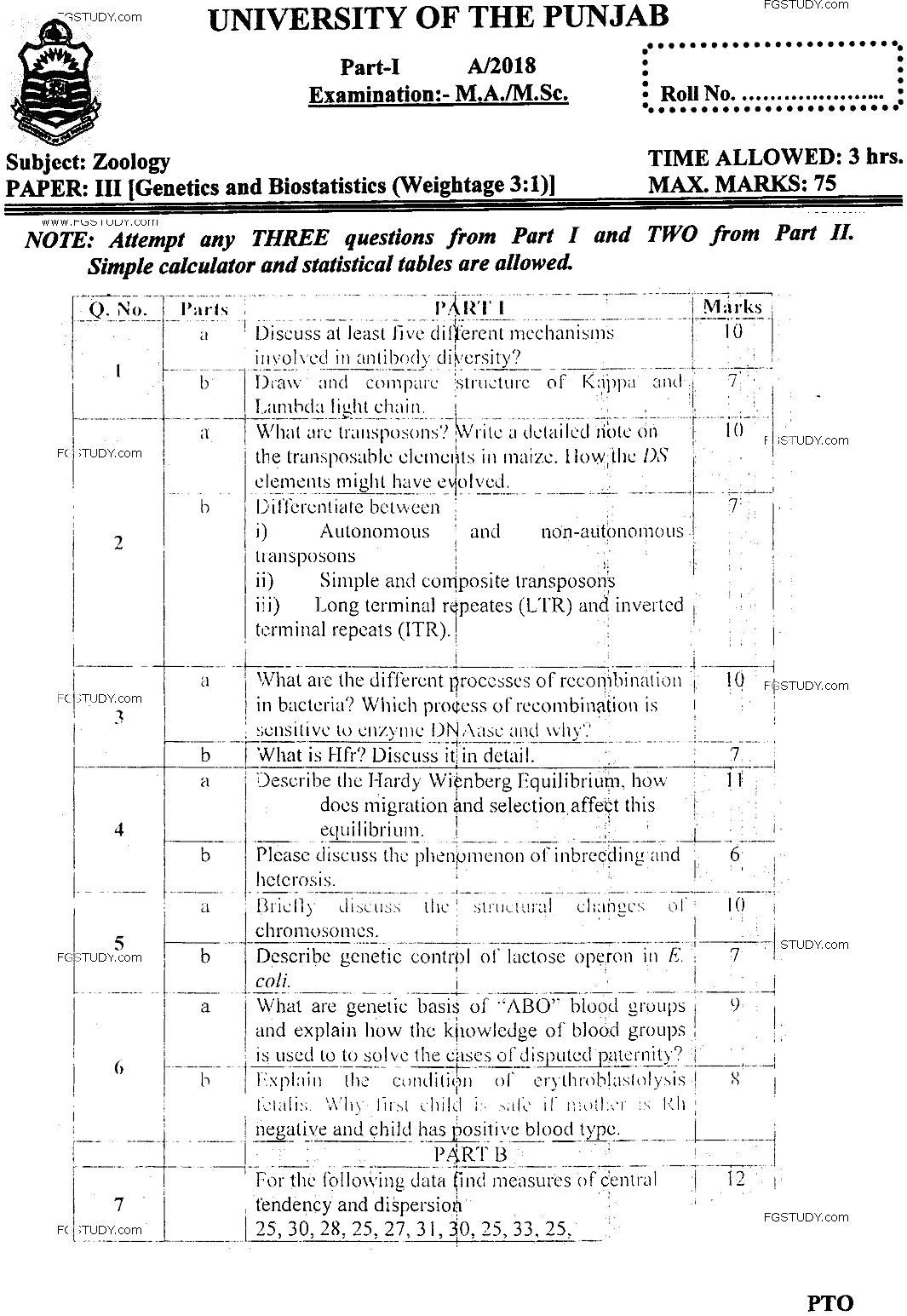MSc Part 1 Zoology Genetics And Biostatistics Past Paper 2018 Punjab University Subjective