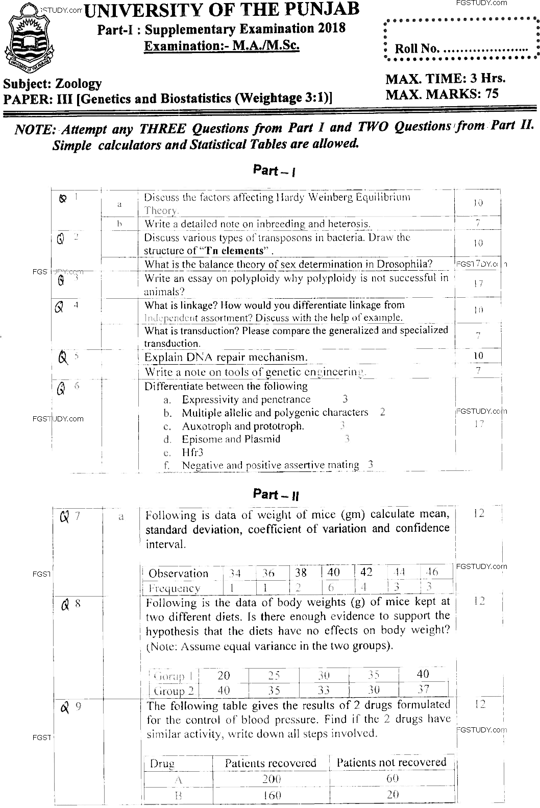MSc Part 1 Zoology Genetics And Biostatistics Past Paper 2018 Punjab University Subjective