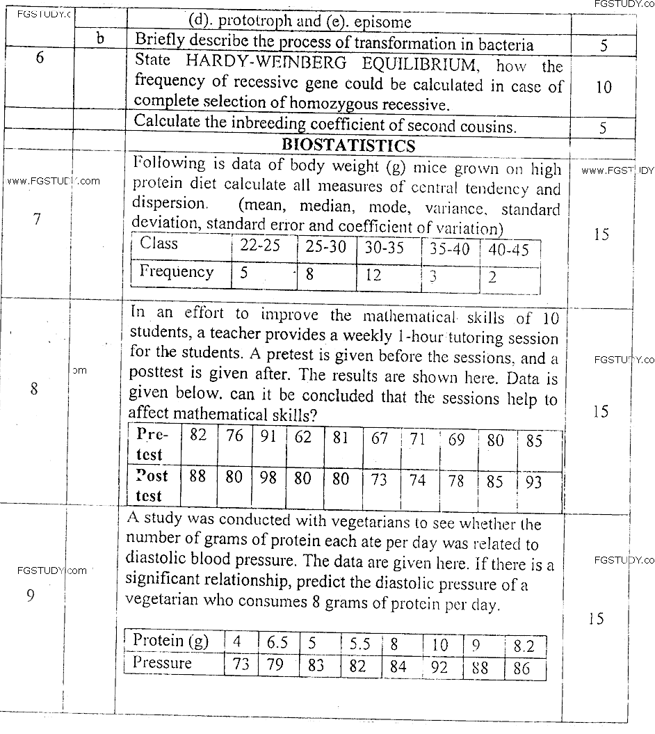 MSc Part 1 Zoology Genetics And Biostatistics Past Paper 2019 Punjab University Subjective
