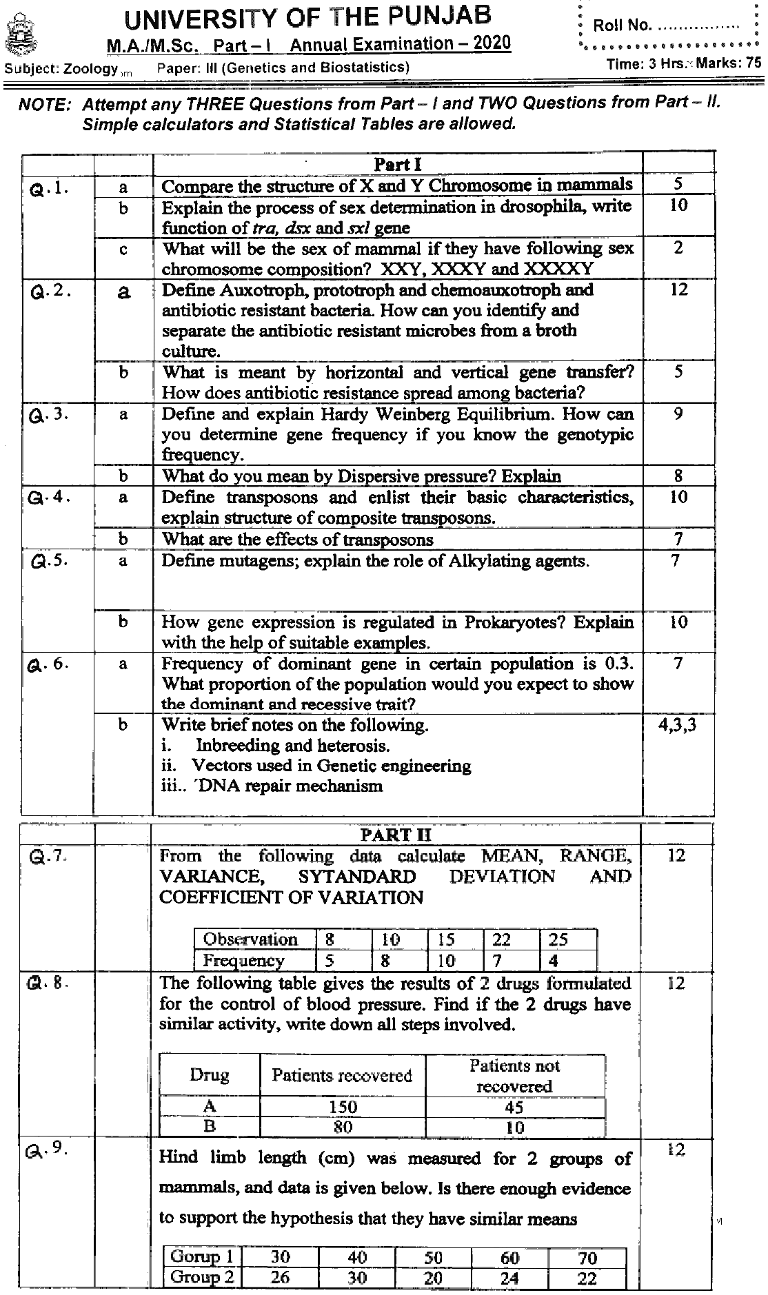 MSc Part 1 Zoology Genetics And Biostatistics Past Paper 2020 Punjab University Subjective
