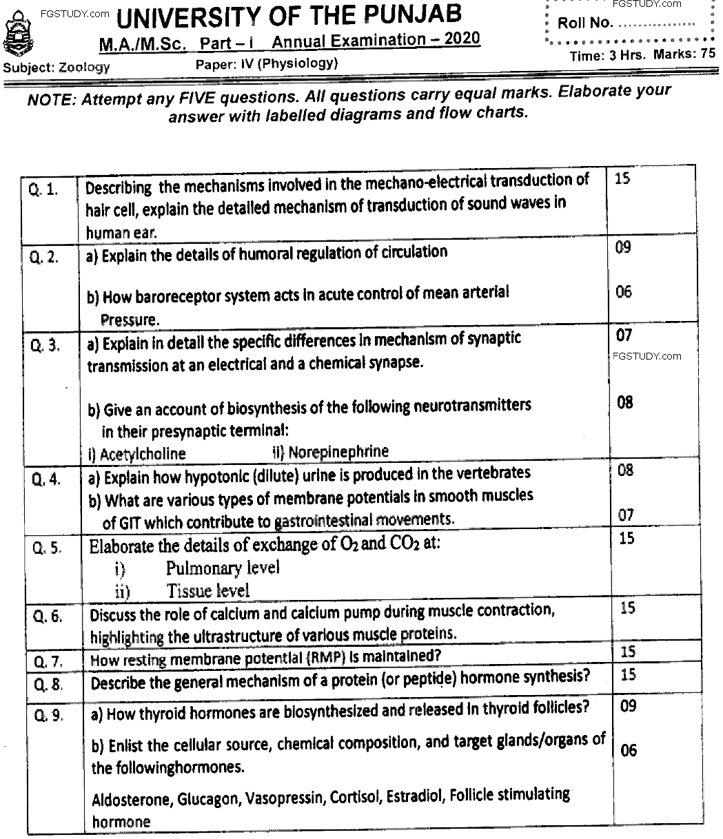 MSc Part 1 Zoology Physiology Past Paper 2020 Punjab University Subjective