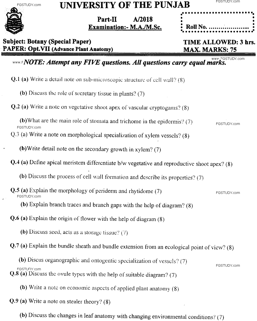 MSc Part 2 Botany Advance Plant Anatomy Past Paper 2018 Punjab University Subjective
