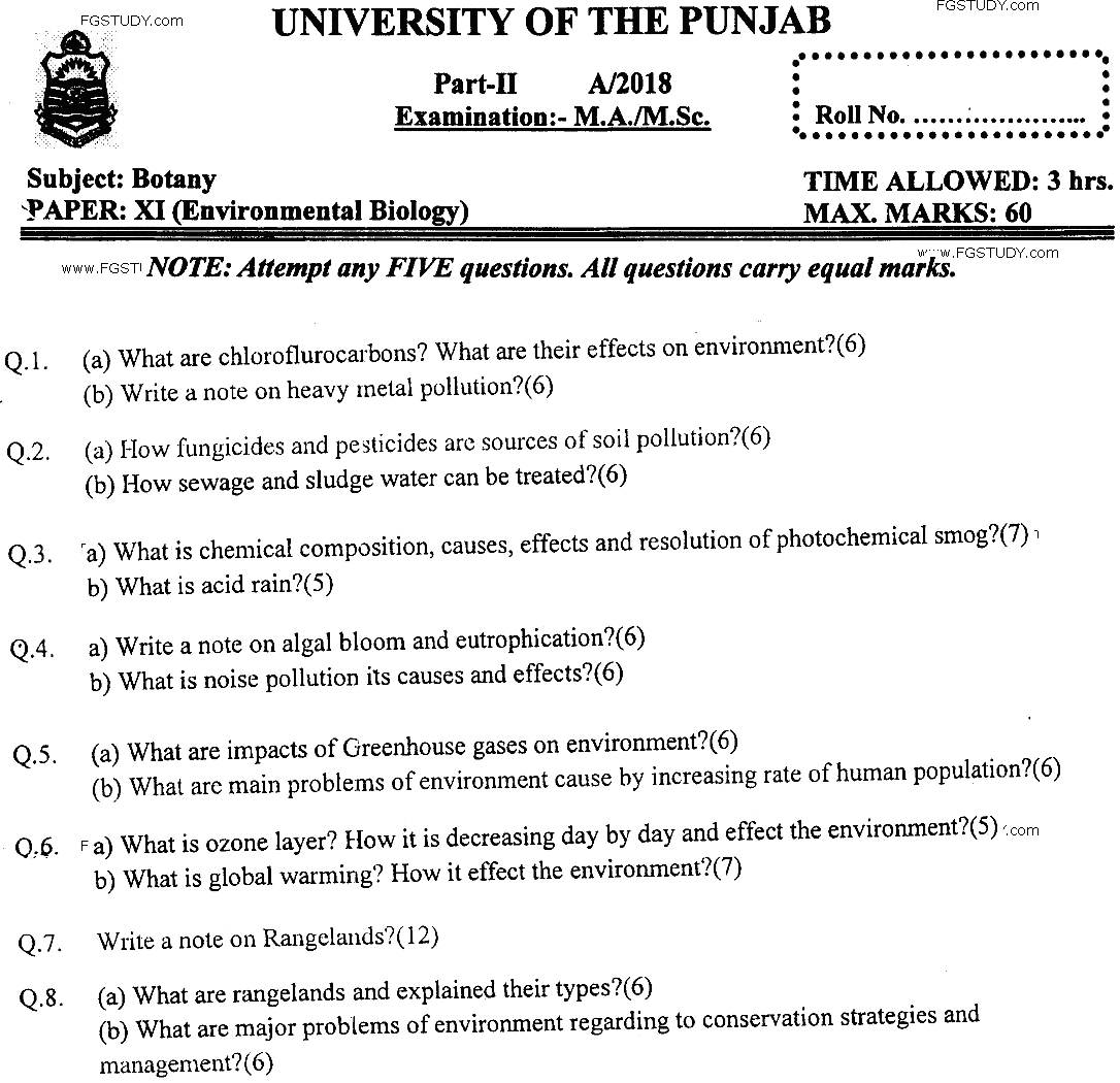 MSc Part 2 Botany Environmental Biology Past Paper 2018 Punjab University Subjective