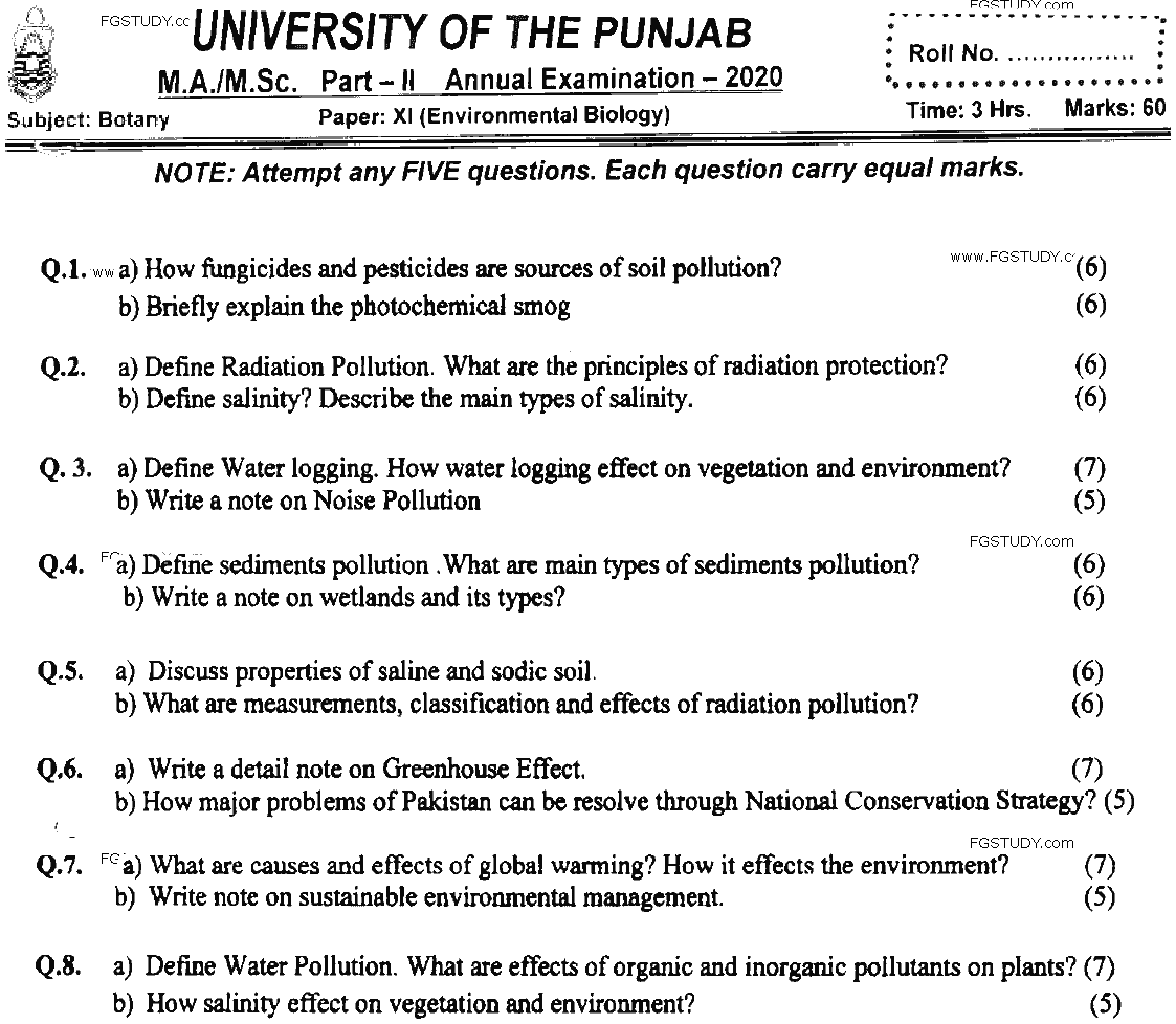 MSc Part 2 Botany Environmental Biology Past Paper 2020 Punjab University Subjective