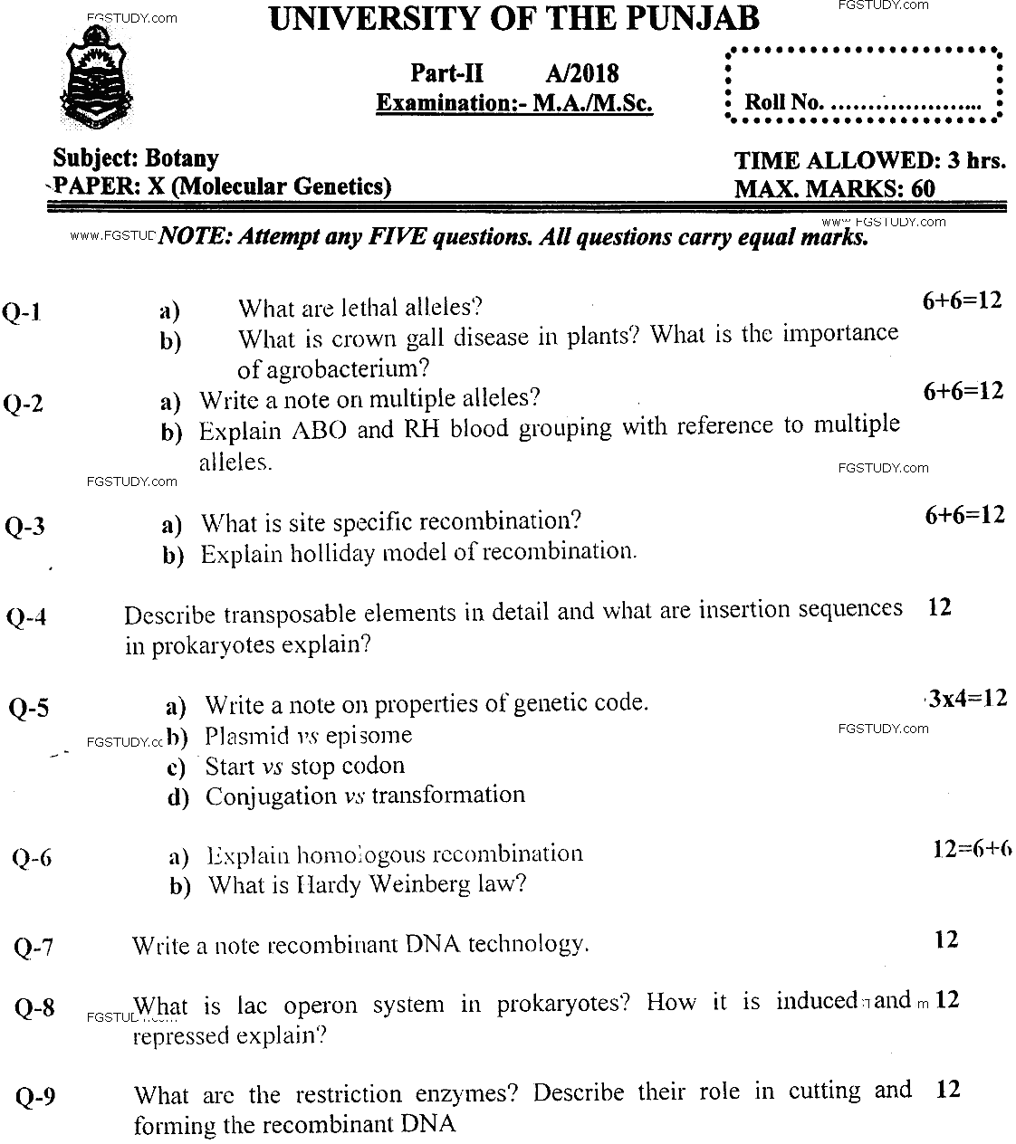 MSc Part 2 Botany Molecular Genetics Past Paper 2018 Punjab University Subjective