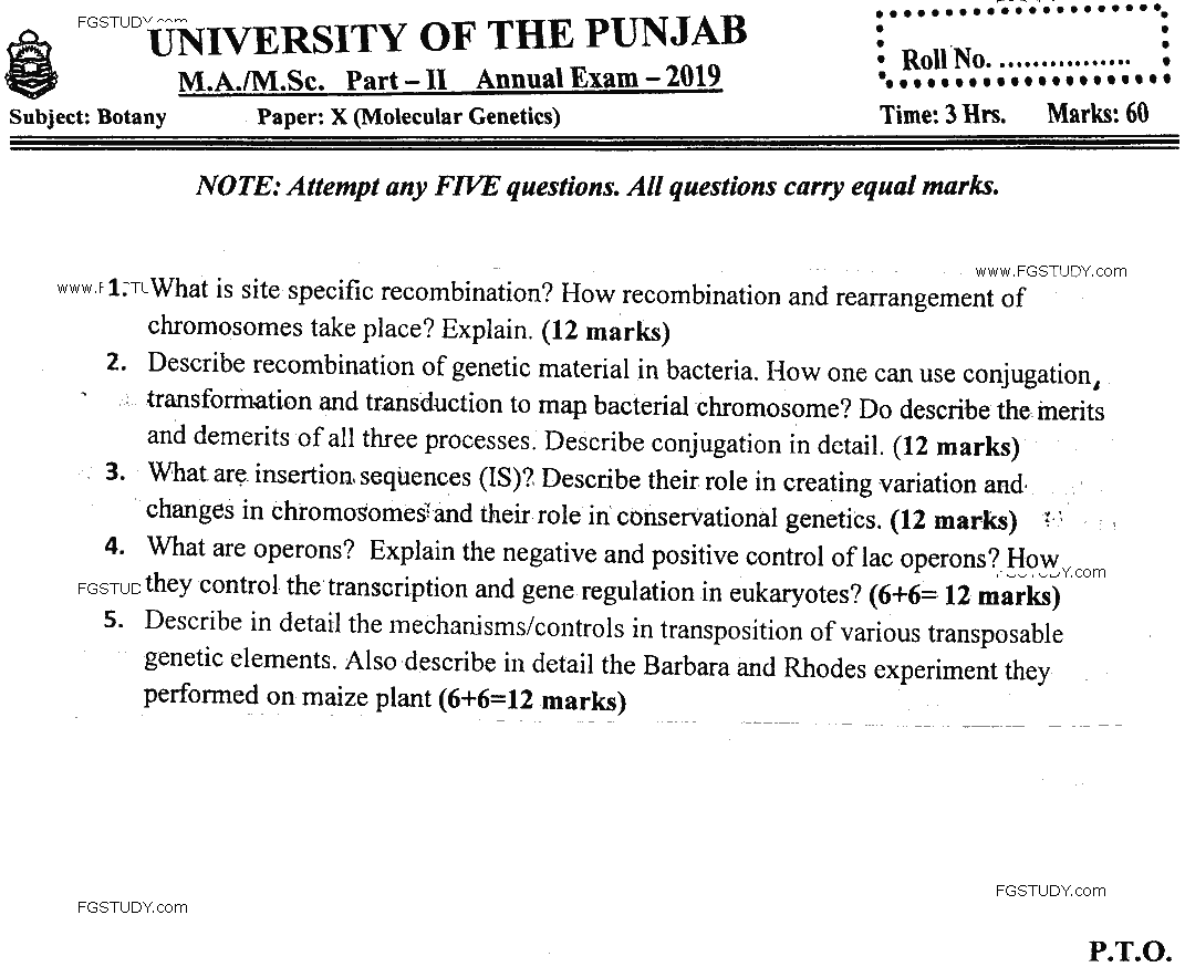 MSc Part 2 Botany Molecular Genetics Past Paper 2019 Punjab University Subjective