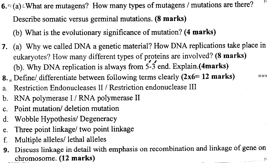 MSc Part 2 Botany Molecular Genetics Past Paper 2019 Punjab University Subjective