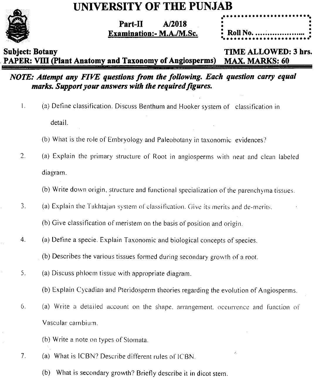 MSc Part 2 Botany Plant Anatomy And Taxonomy Of Angiosperms Past Paper 2018 Punjab University Subjective