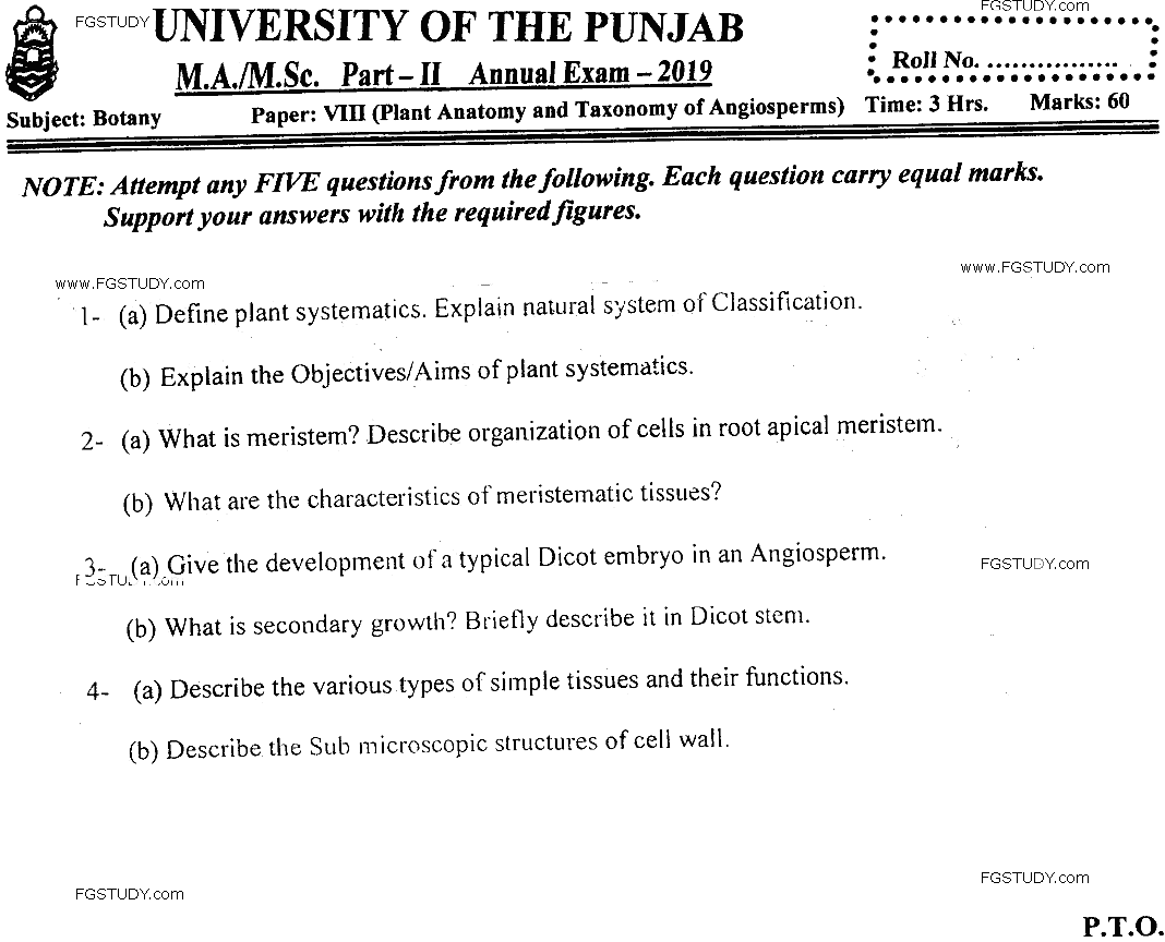 MSc Part 2 Botany Plant Anatomy And Taxonomy Of Angiosperms Past Paper 2019 Punjab University Subjective