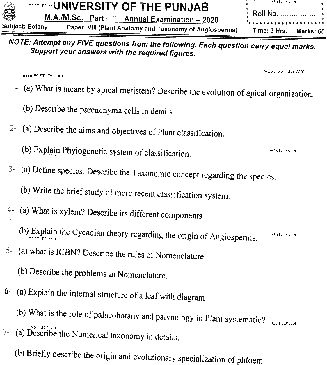 MSc Part 2 Botany Plant Anatomy And Taxonomy Of Angiosperms Past Paper 2020 Punjab University Subjective