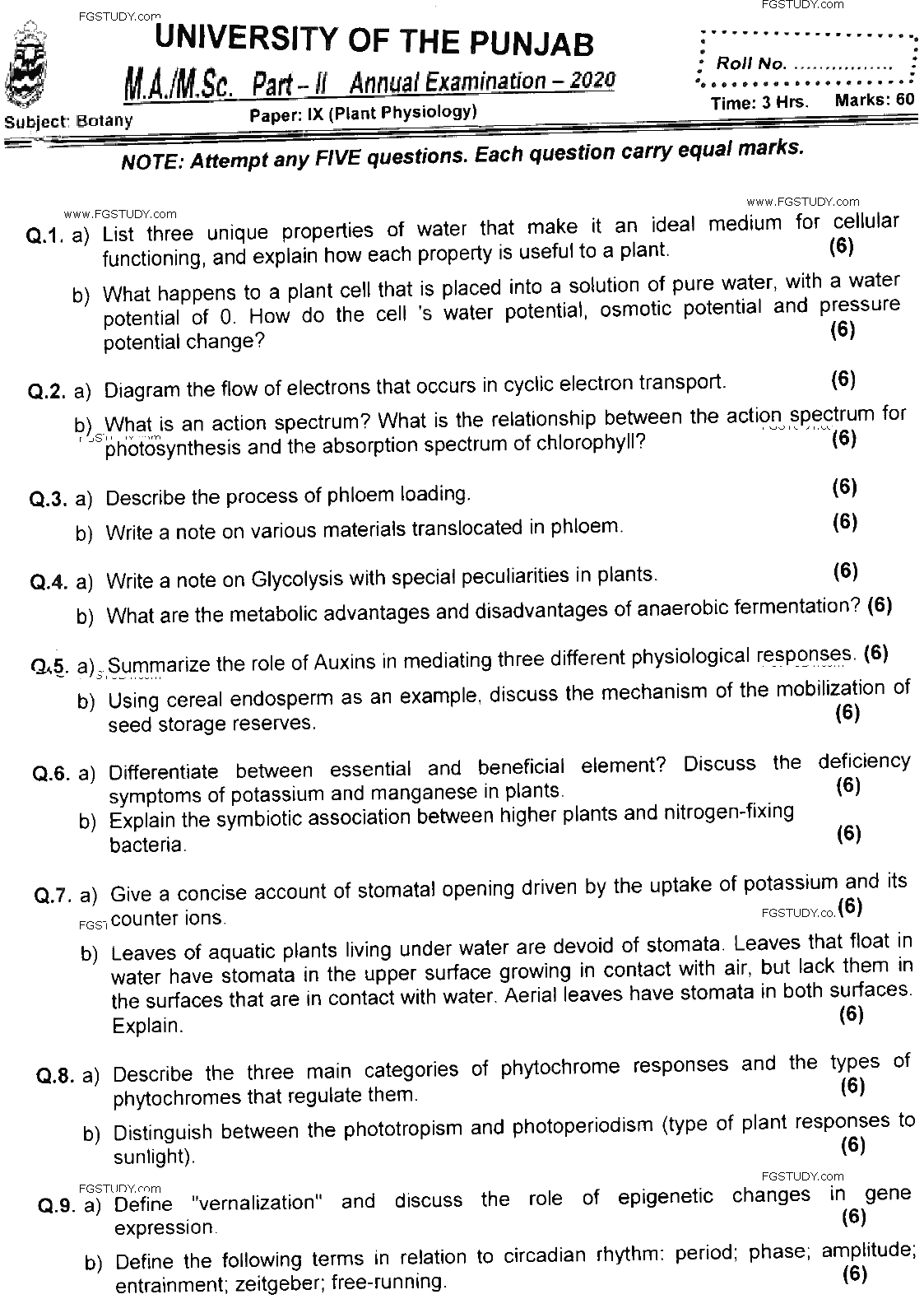 MSc Part 2 Botany Plant Physiology Past Paper 2020 Punjab University Subjective