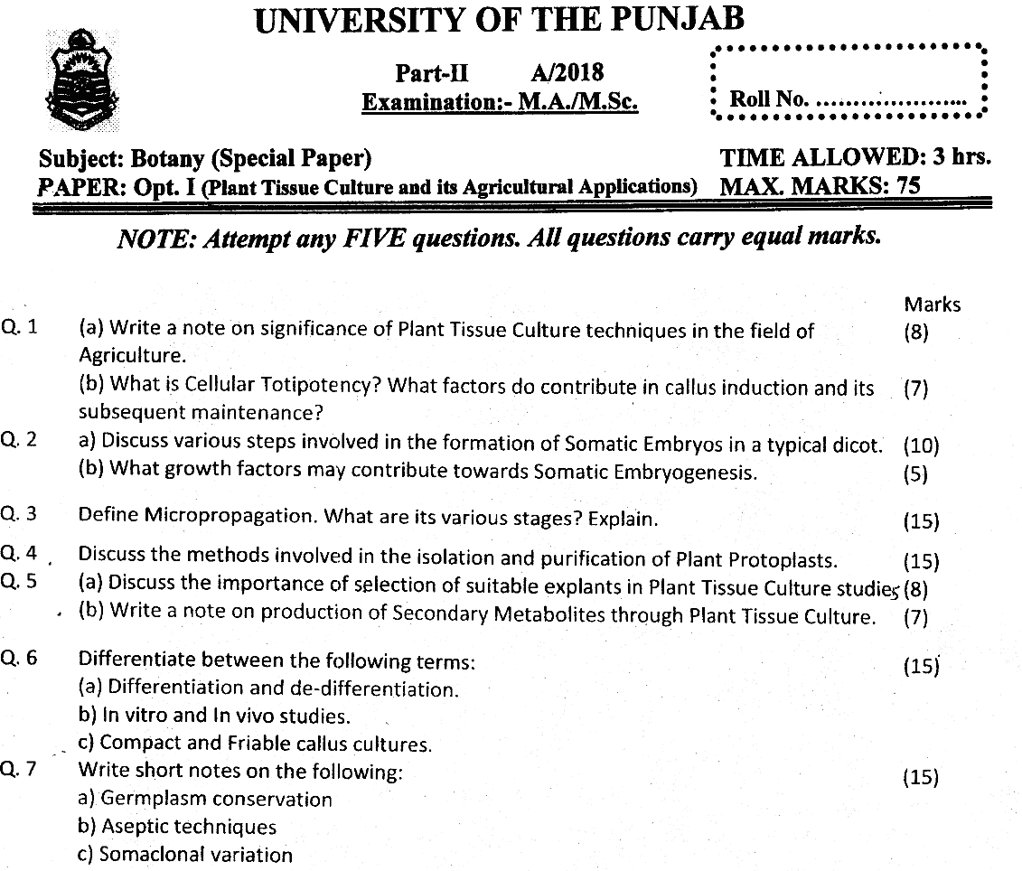 MSc Part 2 Botany Plant Tissue Culture And Its Agricultural Applications Past Paper 2018 Punjab University Subjective
