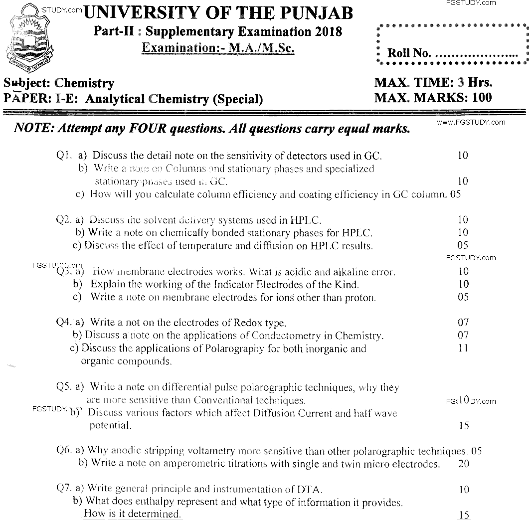 MSc Part 2 Chemistry Analytical Chemistry Past Paper 2018 Punjab University Subjective