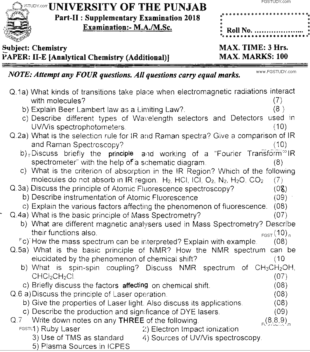 MSc Part 2 Chemistry Analytical Chemistry Past Paper 2018 Punjab University Subjective