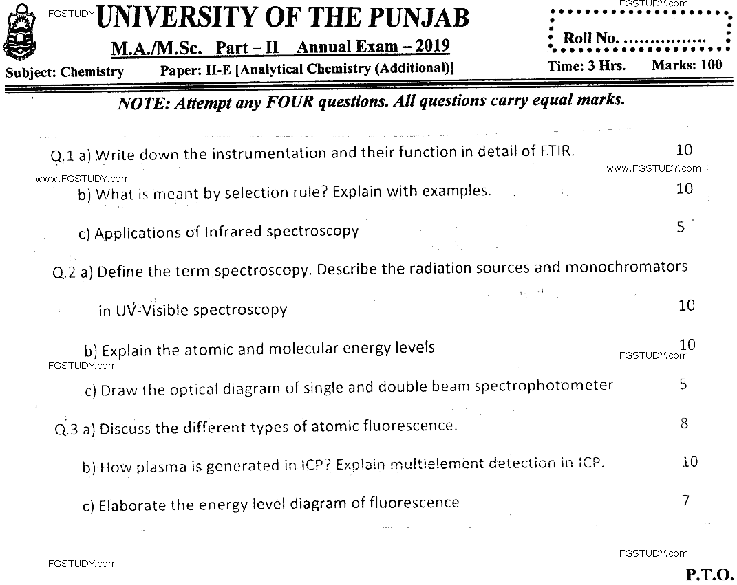 MSc Part 2 Chemistry Analytical Chemistry Past Paper 2019 Punjab University Subjective
