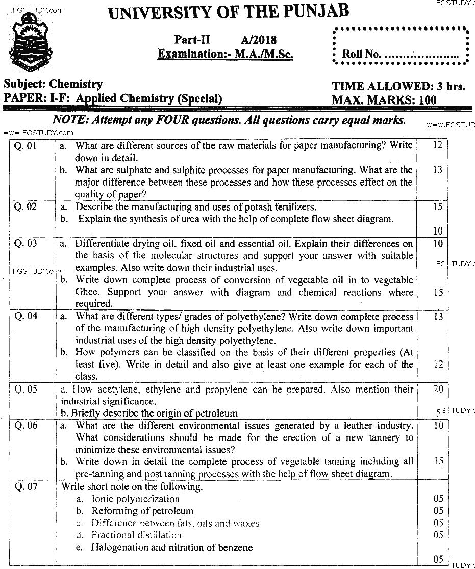MSc Part 2 Chemistry Applied Chemistry Past Paper 2018 Punjab University Subjective