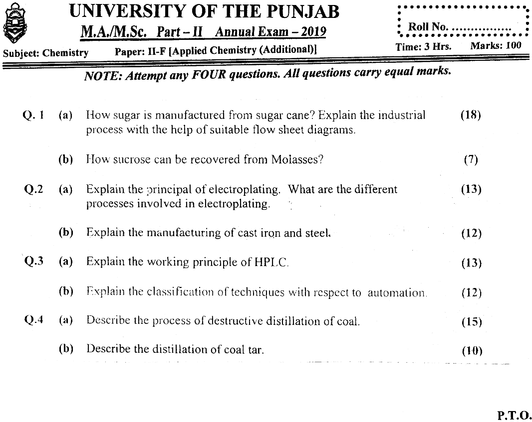 MSc Part 2 Chemistry Applied Chemistry Past Paper 2019 Punjab University Subjective