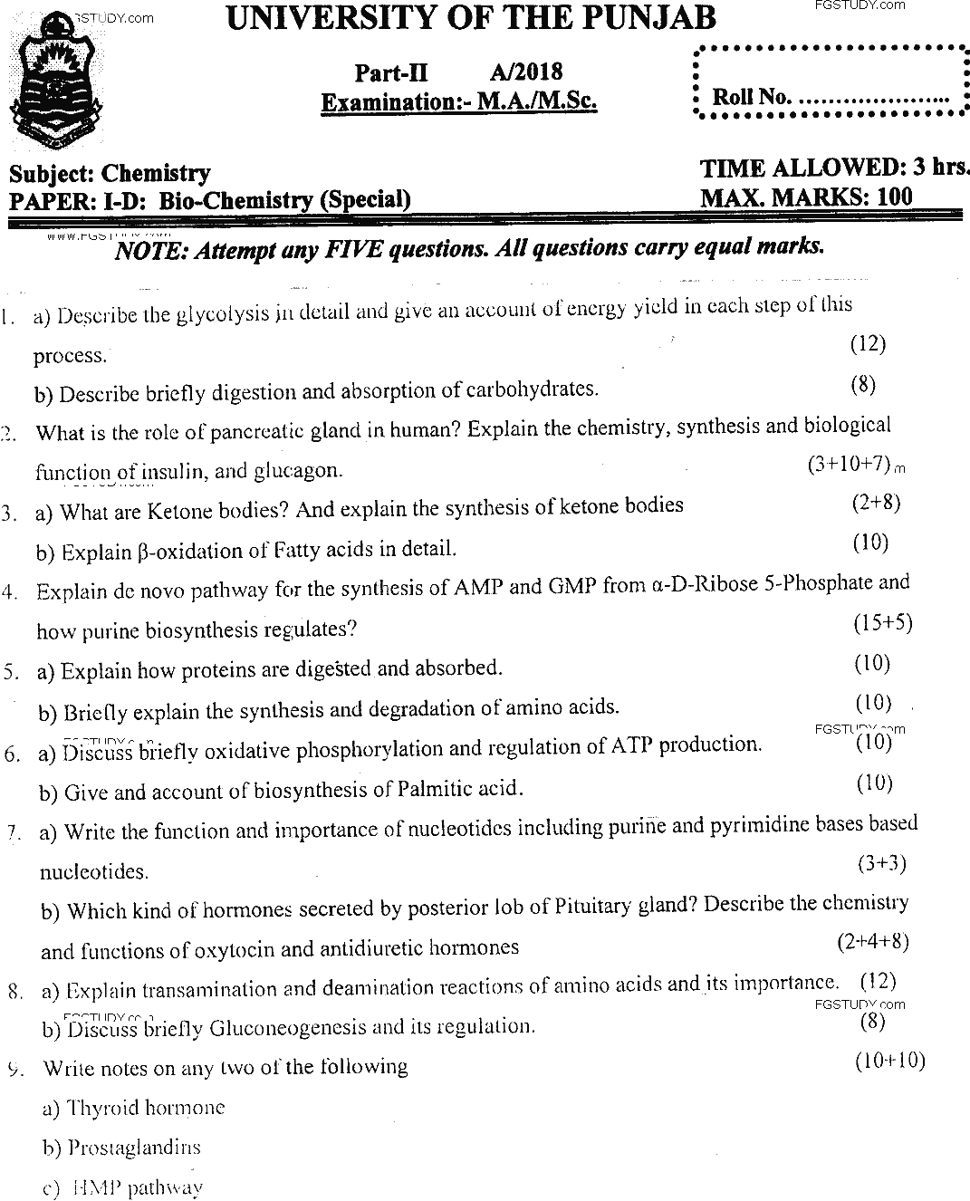 MSc Part 2 Chemistry Biochemistry Past Paper 2018 Punjab University Subjective