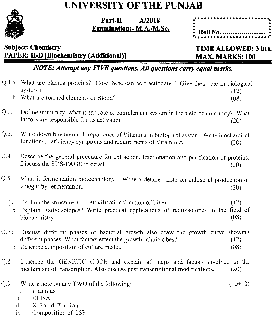 MSc Part 2 Chemistry Biochemistry Past Paper 2018 Punjab University Subjective