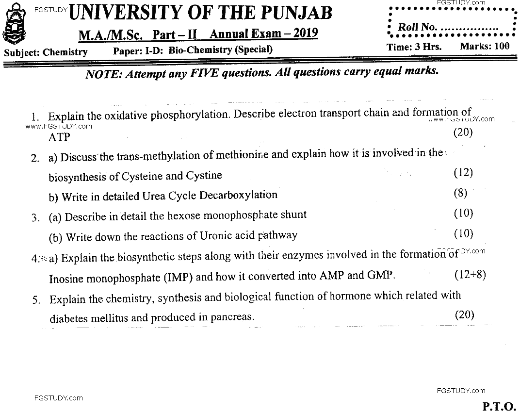 MSc Part 2 Chemistry Biochemistry Past Paper 2019 Punjab University Subjective