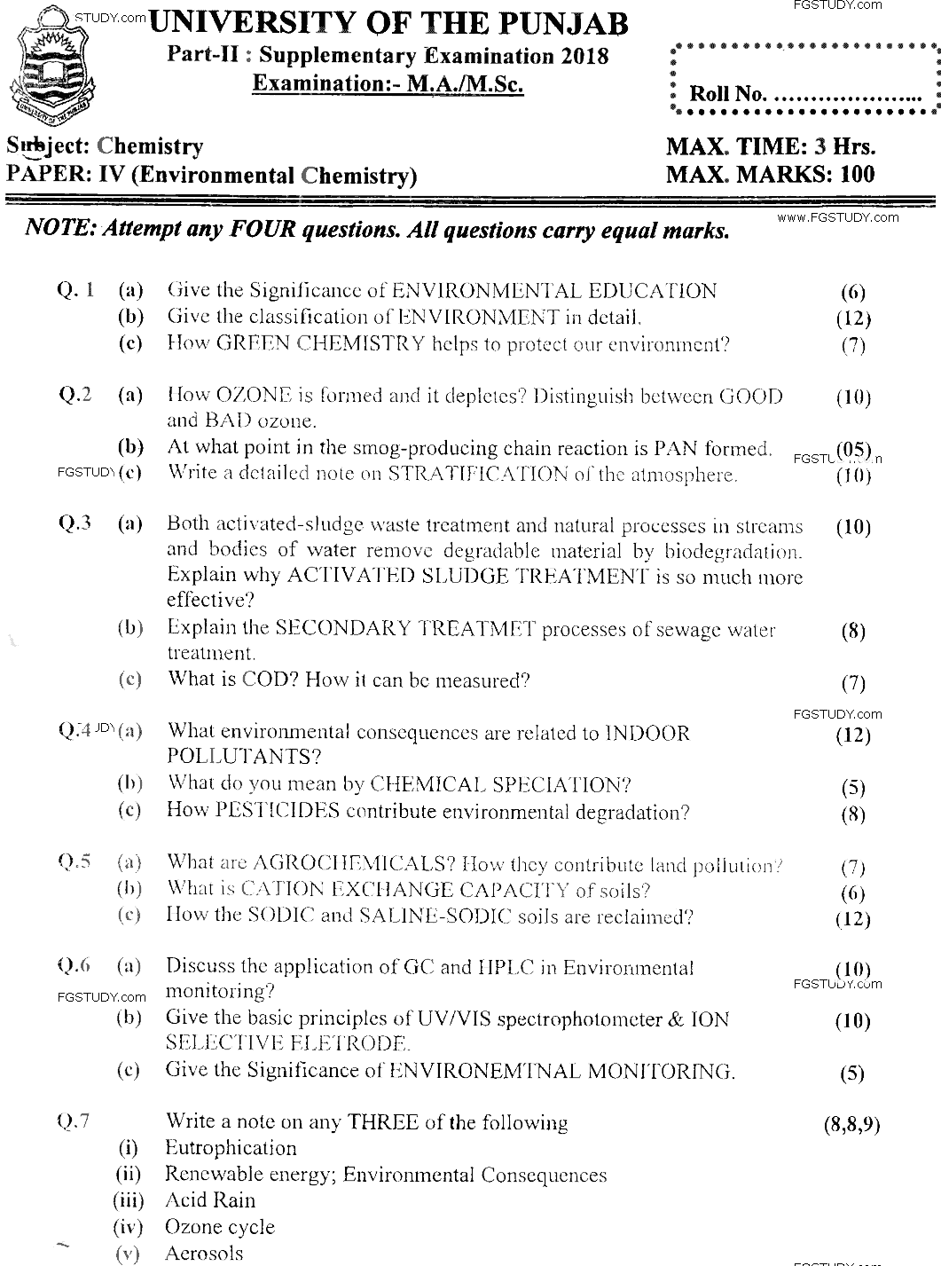 MSc Part 2 Chemistry Environmental Chemistry Past Paper 2018 Punjab University Subjective
