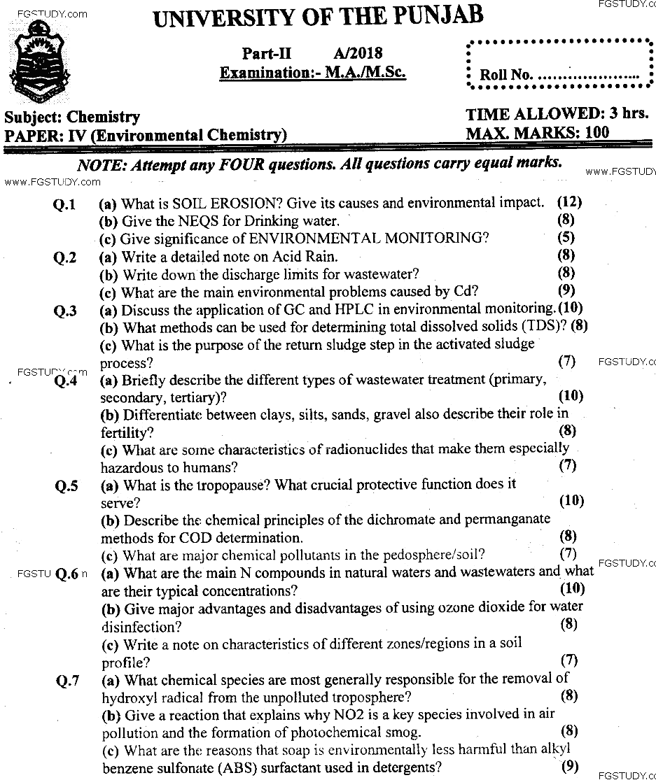 MSc Part 2 Chemistry Environmental Chemistry Past Paper 2018 Punjab University Subjective