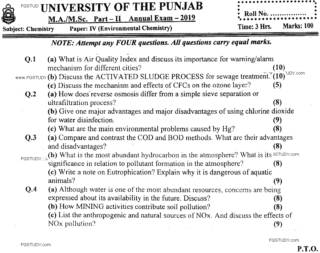 MSc Part 2 Chemistry Environmental Chemistry Past Paper 2019 Punjab University Subjective