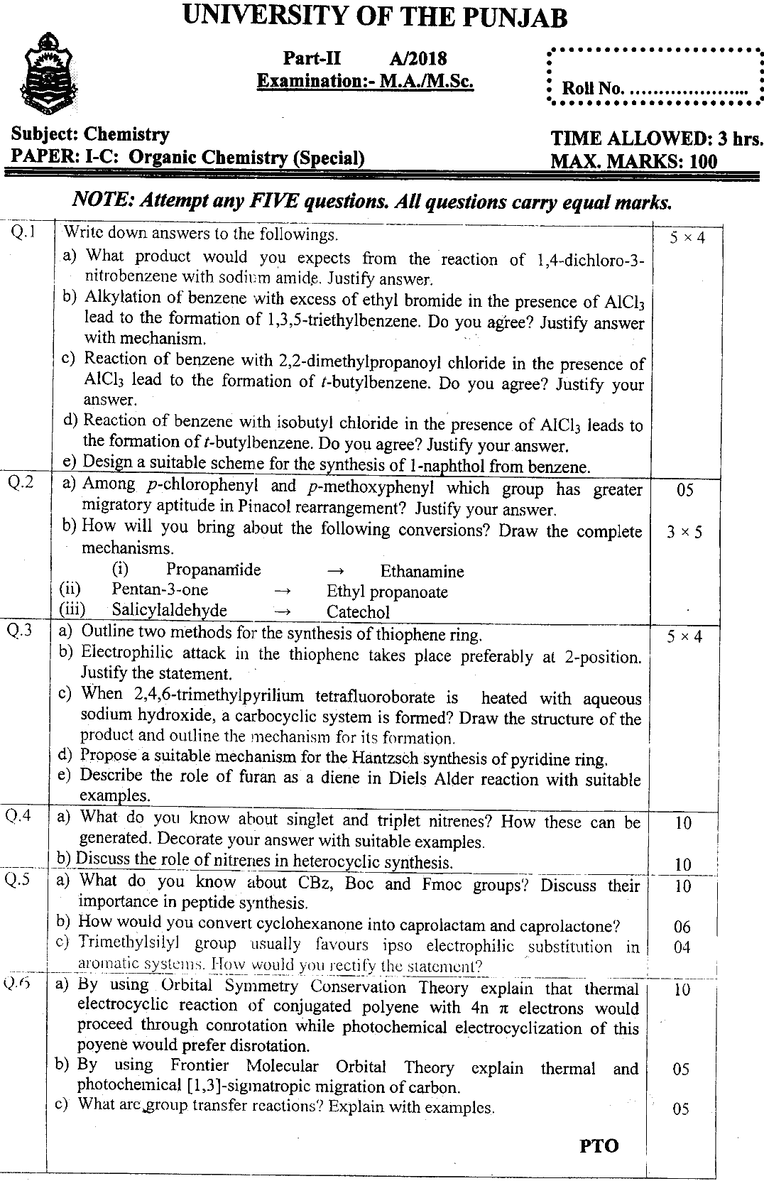 MSc Part 2 Chemistry Organic Chemistry Past Paper 2018 Punjab University Subjective