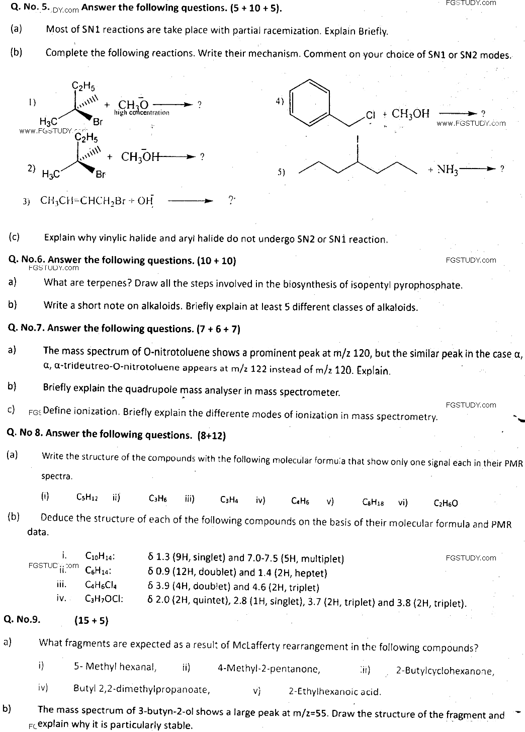 MSc Part 2 Chemistry Organic Chemistry Past Paper 2018 Punjab University Subjective