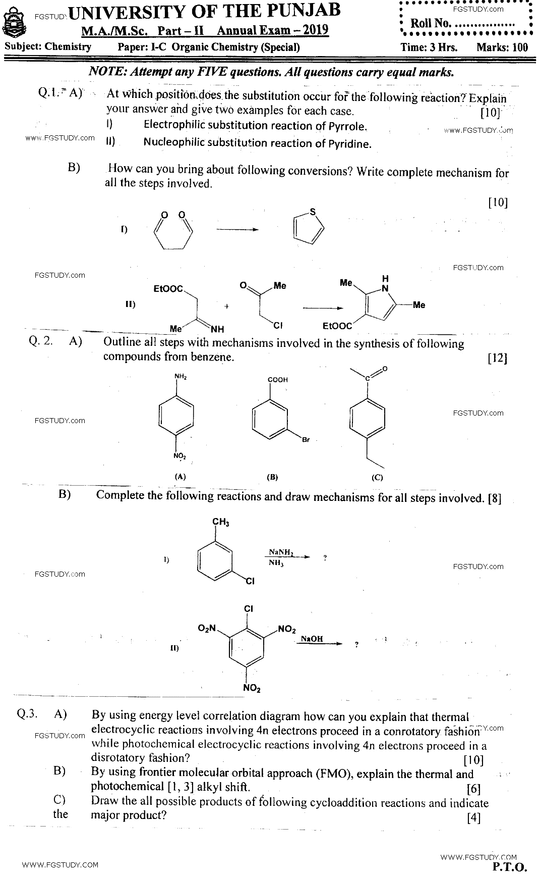 MSc Part 2 Chemistry Organic Chemistry Past Paper 2019 Punjab University Subjective