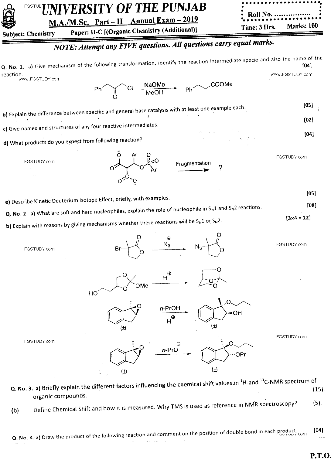 MSc Part 2 Chemistry Organic Chemistry Past Paper 2019 Punjab University Subjective