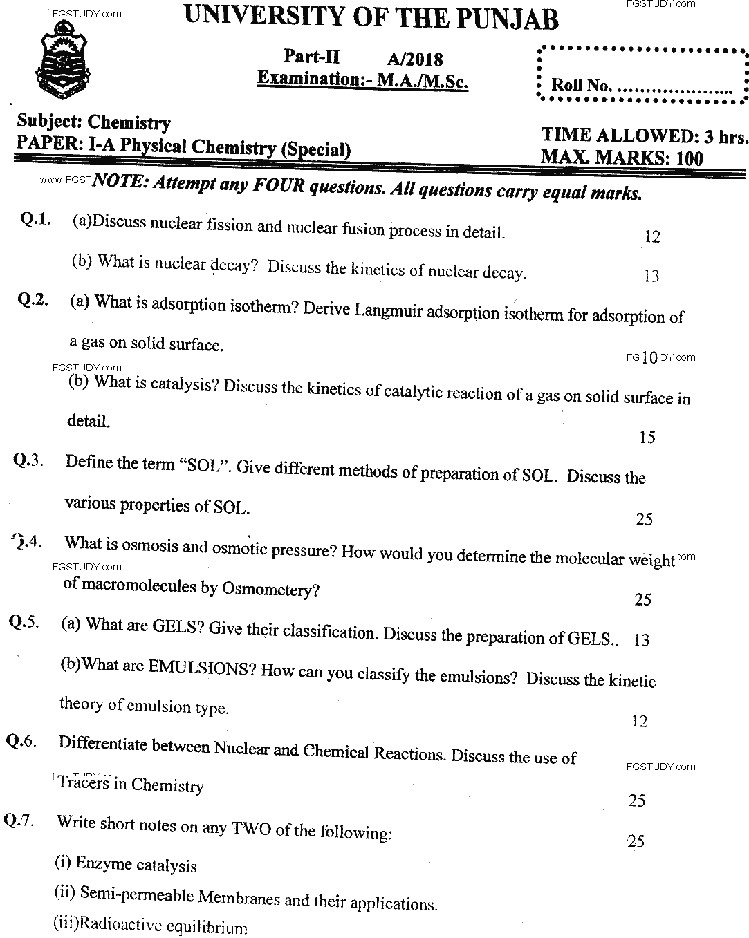 MSc Part 2 Chemistry Physical Chemistry Past Paper 2018 Punjab University Subjective