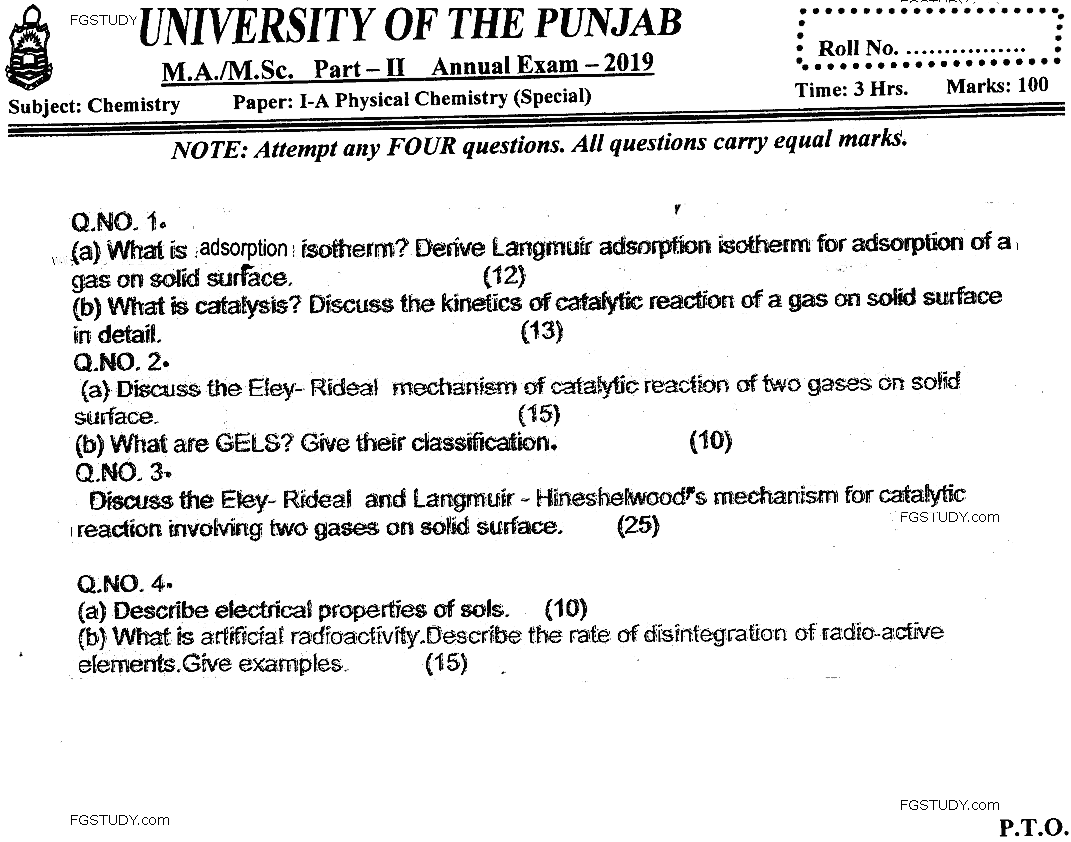 MSc Part 2 Chemistry Physical Chemistry Past Paper 2019 Punjab University Subjective