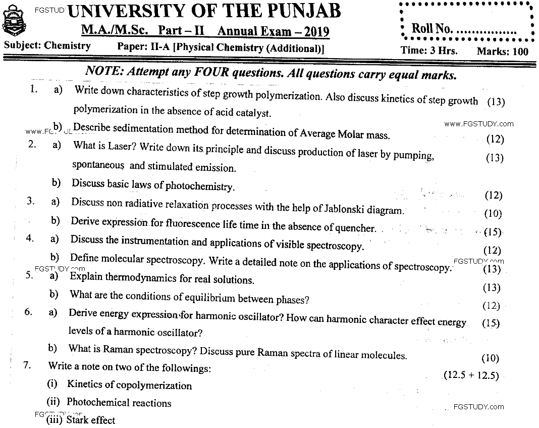MSc Part 2 Chemistry Physical Chemistry Past Paper 2019 Punjab University Subjective