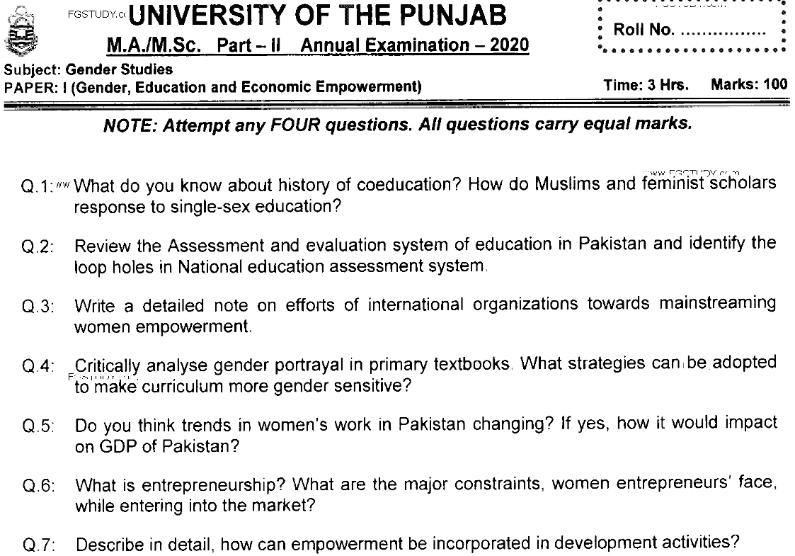 MSc Part 2 Gender Studies Gender Education And Economic Empowerment Past Paper 2020 Punjab University Subjective