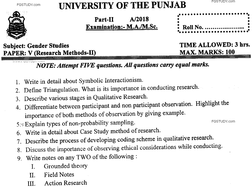 MSc Part 2 Gender Studies Research Methods 2 Past Paper 2018 Punjab University Subjective