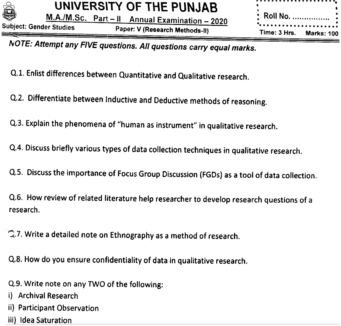 MSc Part 2 Gender Studies Research Methods 2 Past Paper 2020 Punjab University Subjective